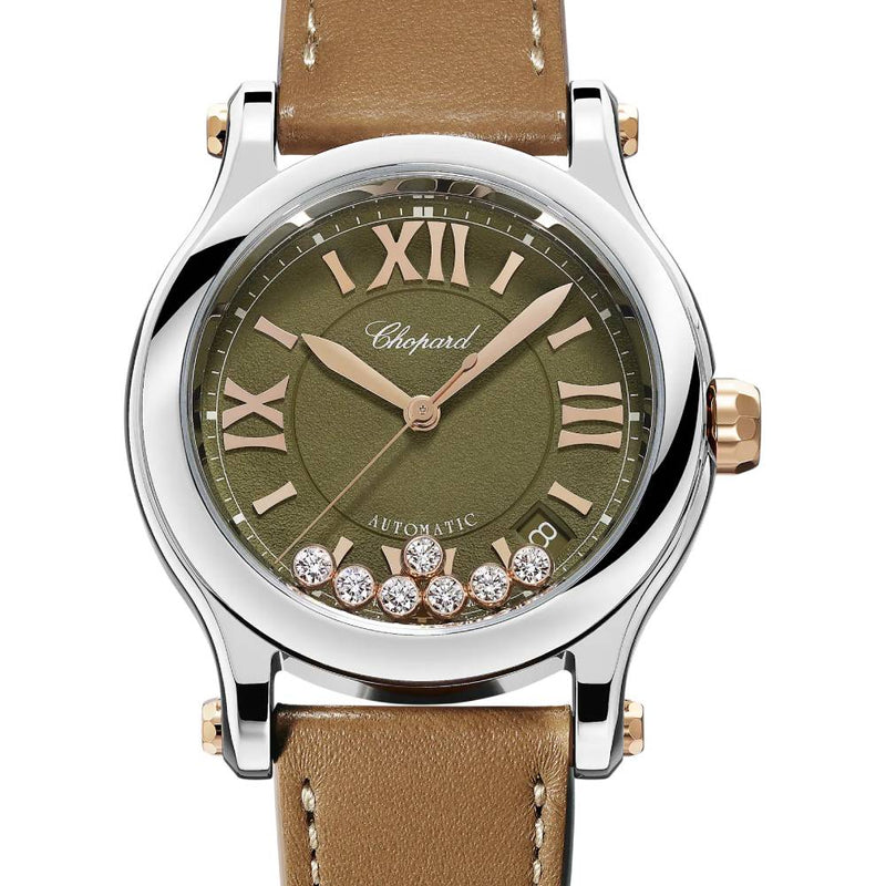 2025 Model Chopard Happy Sport 36 mm Watch - Ref: 278559-6028 -  Khaki Green Dial in  18k Rose Gold and Stainless Steel Case, Brown Calfskin Leather