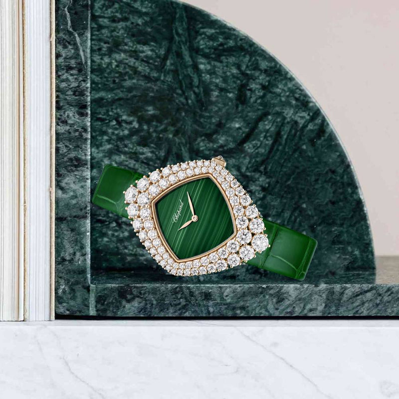 2025 Model Chopard L'Heure Du Diamant Cushion 36 mm Watch - Ref: 13A196-5500 - Green Dial in 18k Rose Gold Case, Green Leather Strap