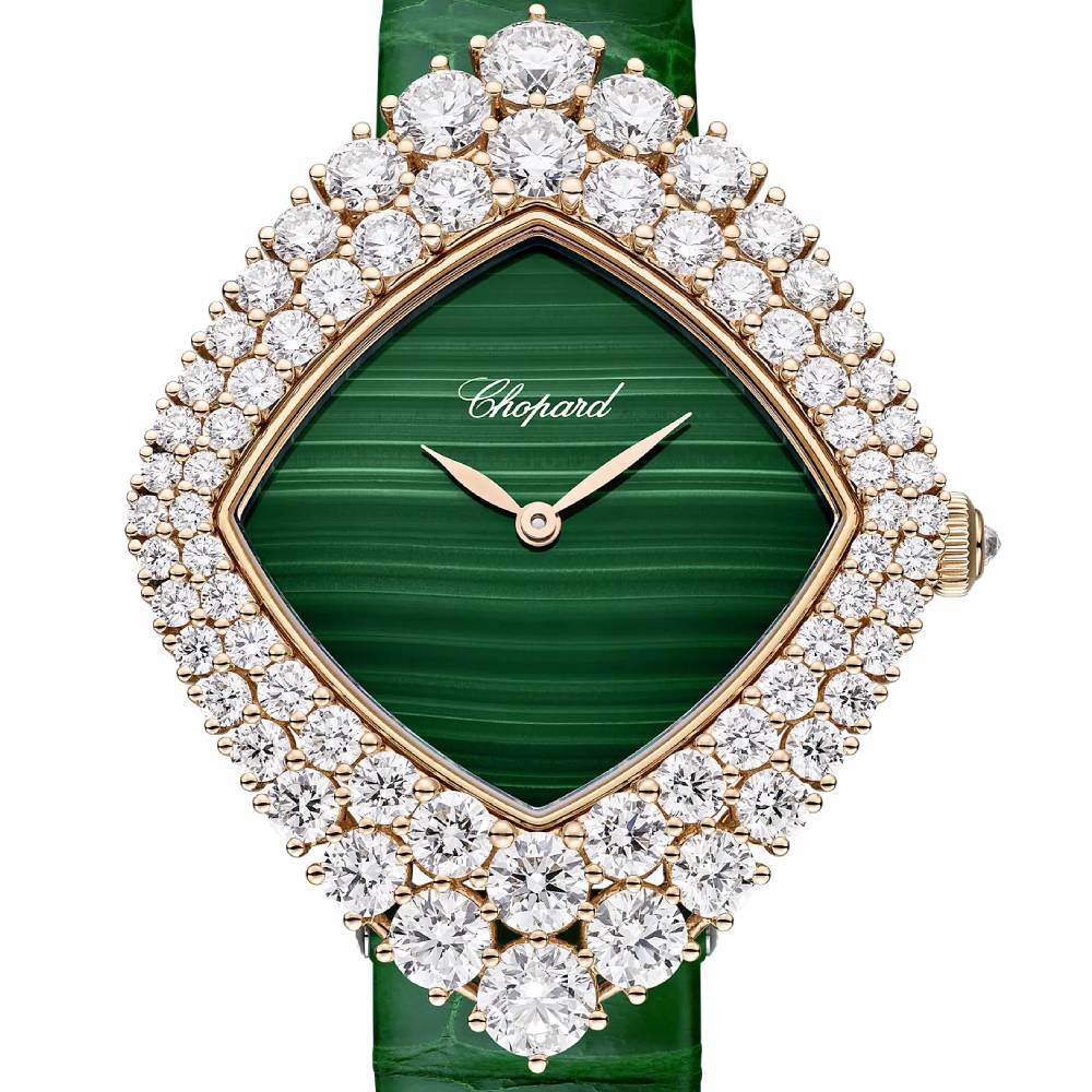 2025 Model Chopard L'Heure Du Diamant Cushion 36 mm Watch - Ref: 13A196-5500 - Green Dial in 18k Rose Gold Case, Green Leather Strap