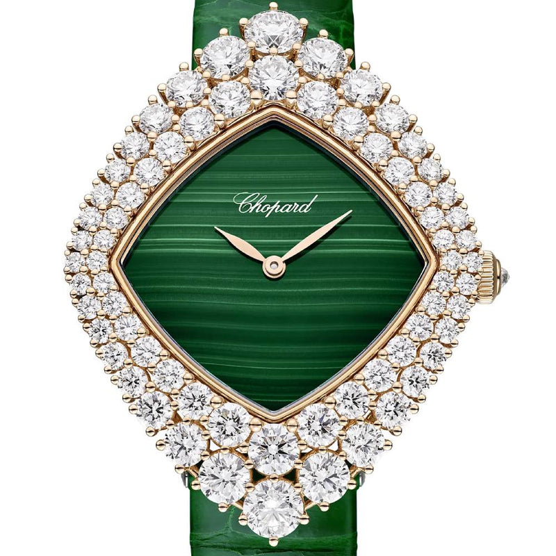 2025 Model Chopard L'Heure Du Diamant Cushion 36 mm Watch - Ref: 13A196-5500 - Green Dial in 18k Rose Gold Case, Green Leather Strap