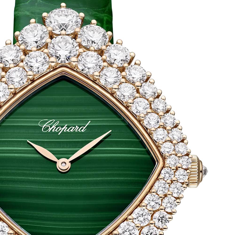 2025 Model Chopard L'Heure Du Diamant Cushion 36 mm Watch - Ref: 13A196-5500 - Green Dial in 18k Rose Gold Case, Green Leather Strap