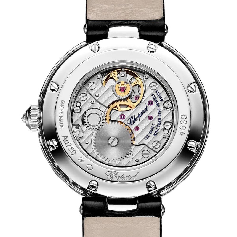 2025 Model Chopard L'Heure Du Diamant Round 26 mm Watch - Ref: 13A178-1302 - Diamond Dial in 18k White Gold Case, Black Leather Strap