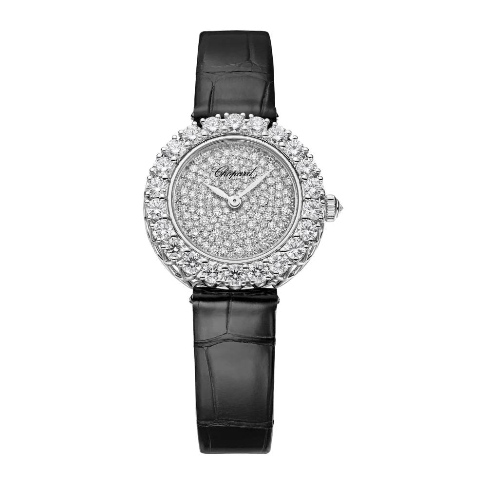 2025 Model Chopard L'Heure Du Diamant Round 26 mm Watch - Ref: 13A178-1302 - Diamond Dial in 18k White Gold Case, Black Leather Strap