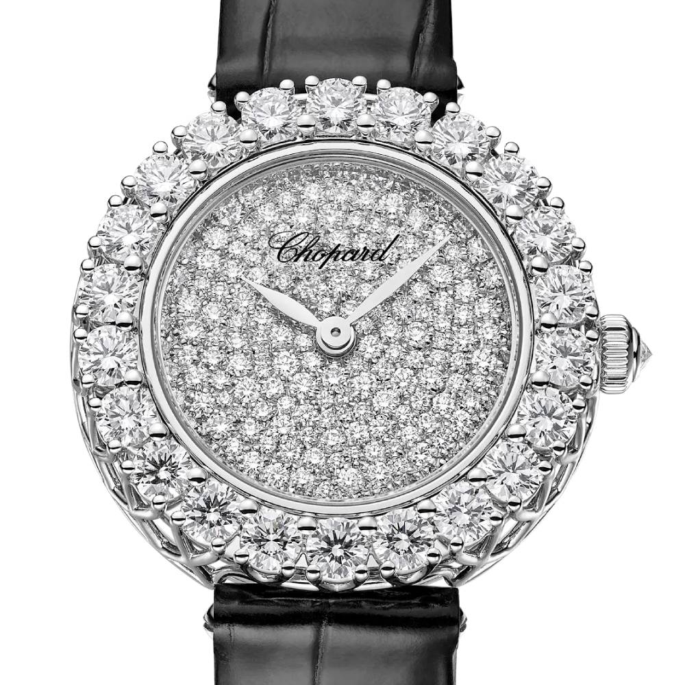 2025 Model Chopard L'Heure Du Diamant Round 26 mm Watch - Ref: 13A178-1302 - Diamond Dial in 18k White Gold Case, Black Leather Strap
