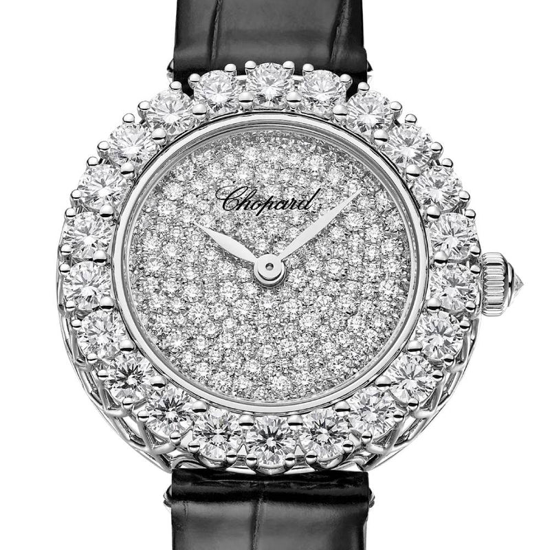 2025 Model Chopard L'Heure Du Diamant Round 26 mm Watch - Ref: 13A178-1302 - Diamond Dial in 18k White Gold Case, Black Leather Strap