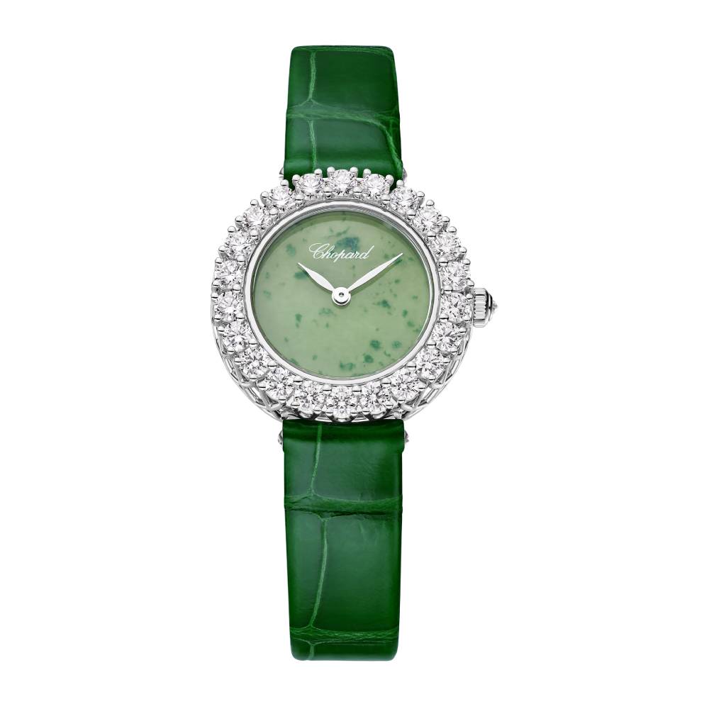 2025 Model Chopard L'Heure Du Diamant Round 26 mm Watch - Ref: 13A178-1310 - Green Dial in 18k White Gold Case, Green Leather Strap