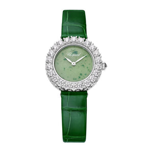 2025 Model Chopard L'Heure Du Diamant Round 26 mm Watch - Ref: 13A178-1310 - Green Dial in 18k White Gold Case, Green Leather Strap