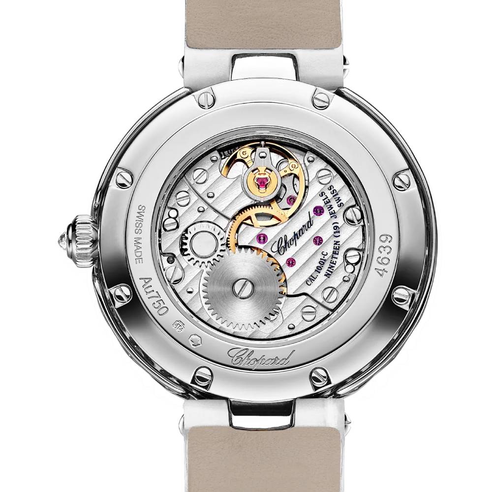 2025 Model Chopard L'Heure Du Diamant Round 26 mm Watch - Ref: 13A178-1316 - Blue-Green Dial in 18k White Gold Case, White Leather Strap