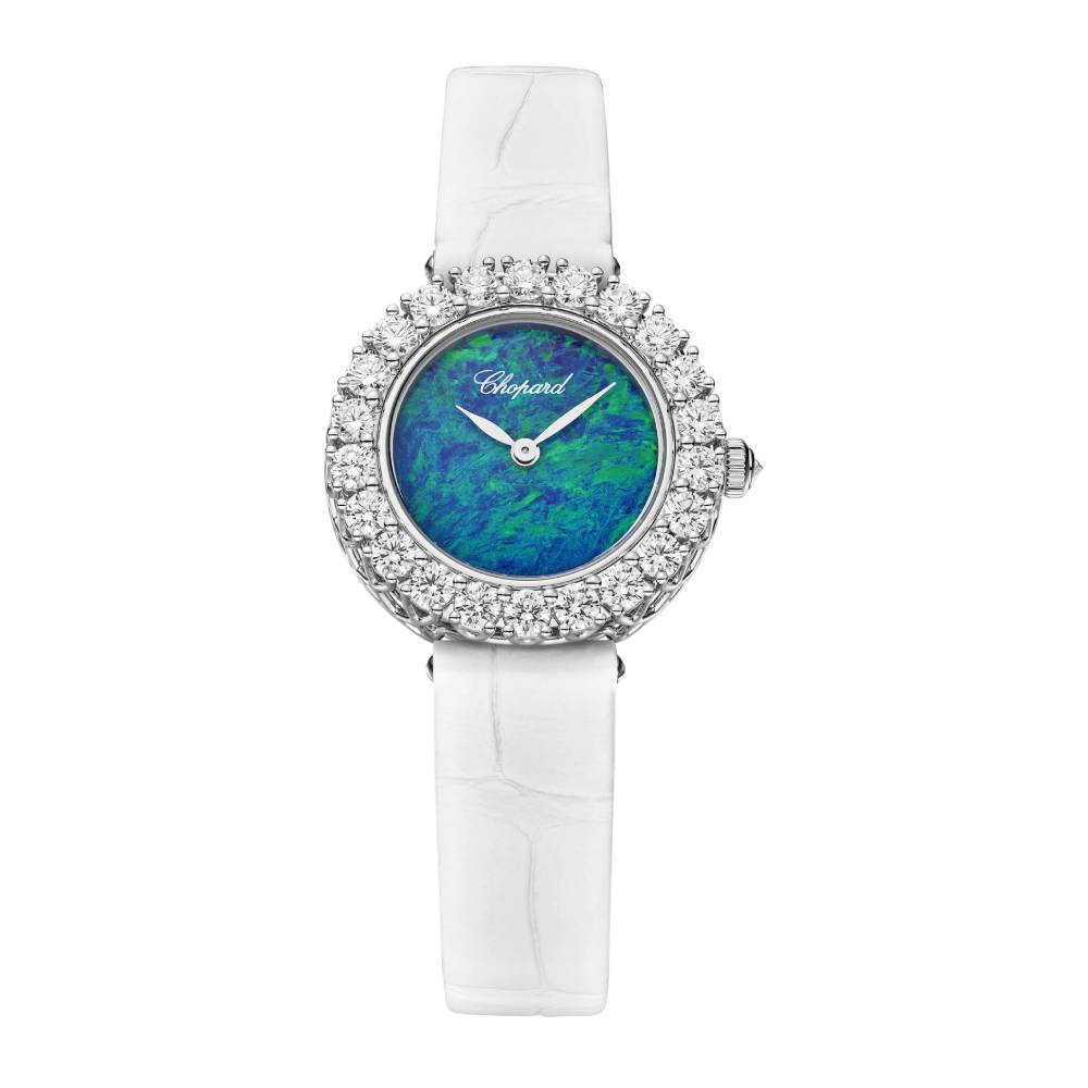 2025 Model Chopard L'Heure Du Diamant Round 26 mm Watch - Ref: 13A178-1316 - Blue-Green Dial in 18k White Gold Case, White Leather Strap