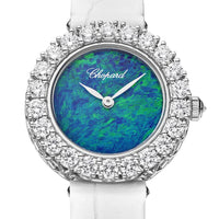 2025 Model Chopard L'Heure Du Diamant Round 26 mm Watch - Ref: 13A178-1316 - Blue-Green Dial in 18k White Gold Case, White Leather Strap