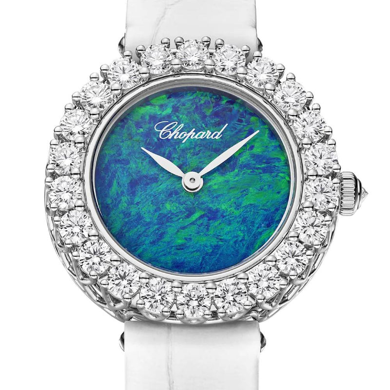 2025 Model Chopard L'Heure Du Diamant Round 26 mm Watch - Ref: 13A178-1316 - Blue-Green Dial in 18k White Gold Case, White Leather Strap