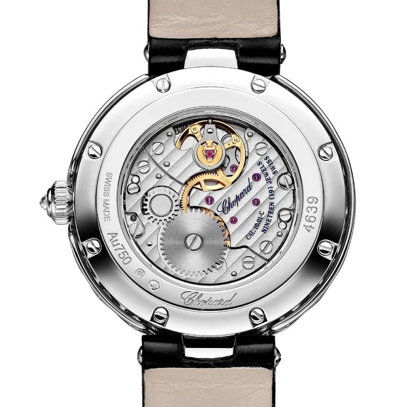 2025 Model Chopard L'Heure Du Diamant Round 26 mm Watch - Ref: 13A178-1318 - Black Dial in 18k White Gold Case, Black Leather Strap