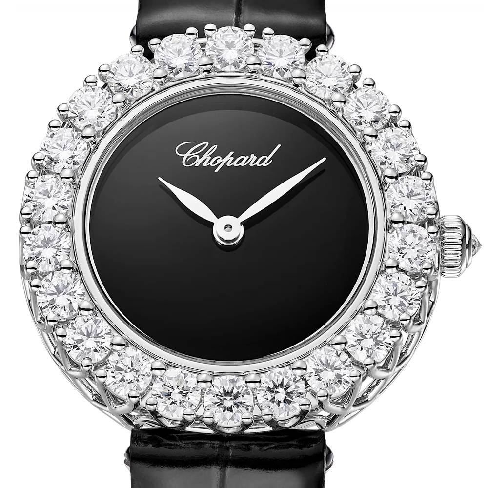 2025 Model Chopard L'Heure Du Diamant Round 26 mm Watch - Ref: 13A178-1318 - Black Dial in 18k White Gold Case, Black Leather Strap
