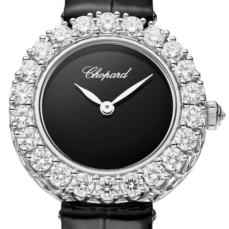 2025 Model Chopard L'Heure Du Diamant Round 26 mm Watch - Ref: 13A178-1318 - Black Dial in 18k White Gold Case, Black Leather Strap