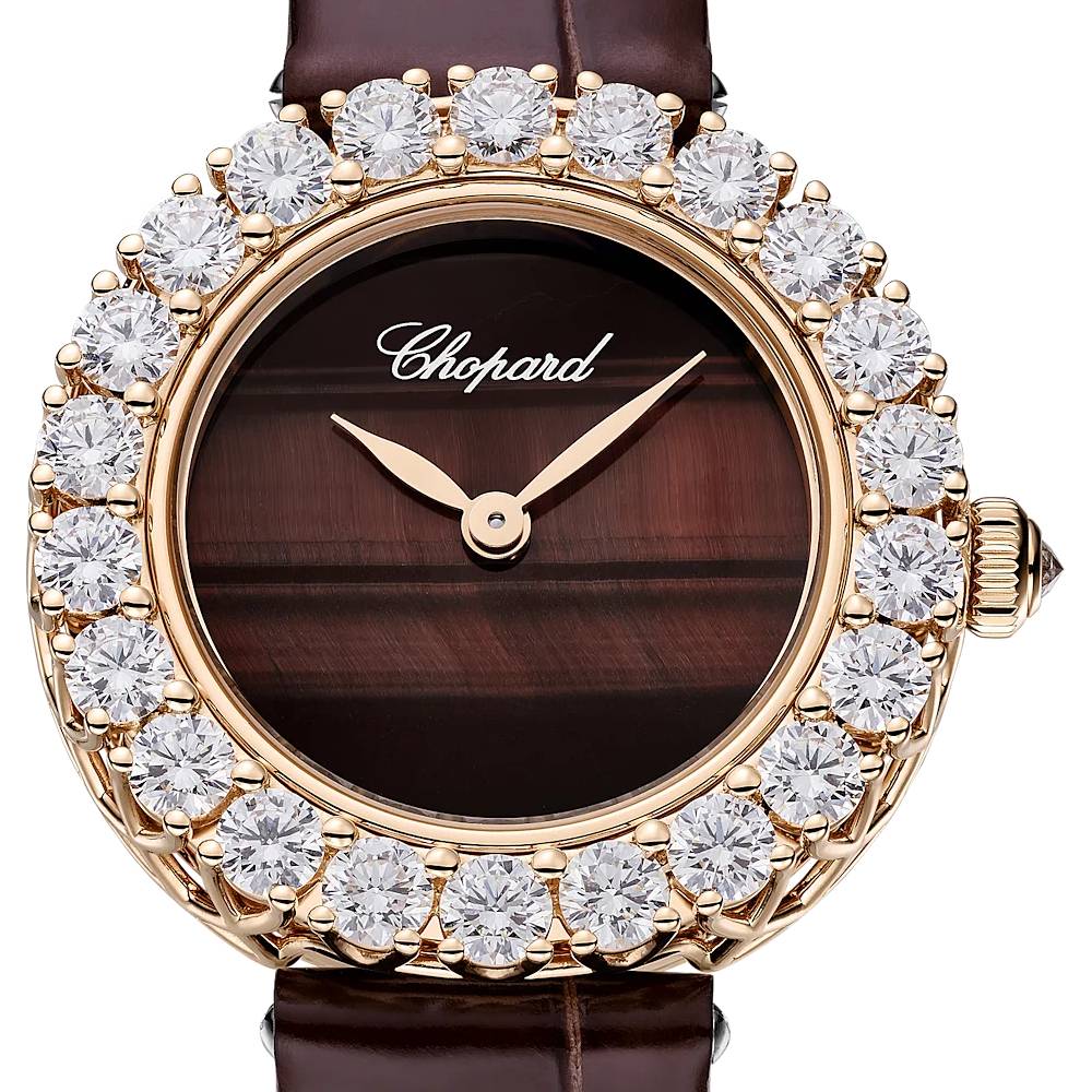 2025 Model Chopard L'Heure Du Diamant Round 26 mm Watch - Ref: 13A178-5313 - Brown Dial in 18k Rose Gold Case, Brown Leather