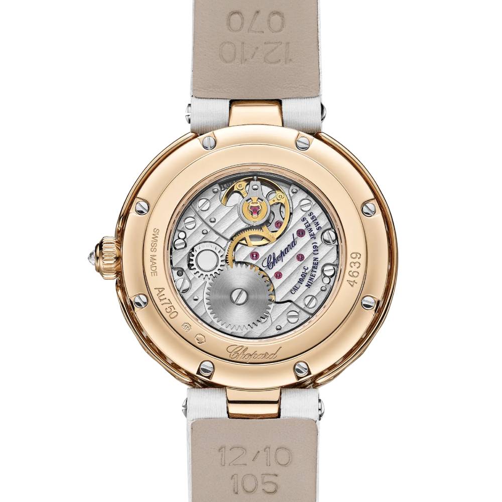 2025 Model Chopard L'Heure Du Diamant Round 26 mm Watch - Ref: 13A178-5317 - White Opal Dial in 18k Rose Gold Case, White Calfskin Strap