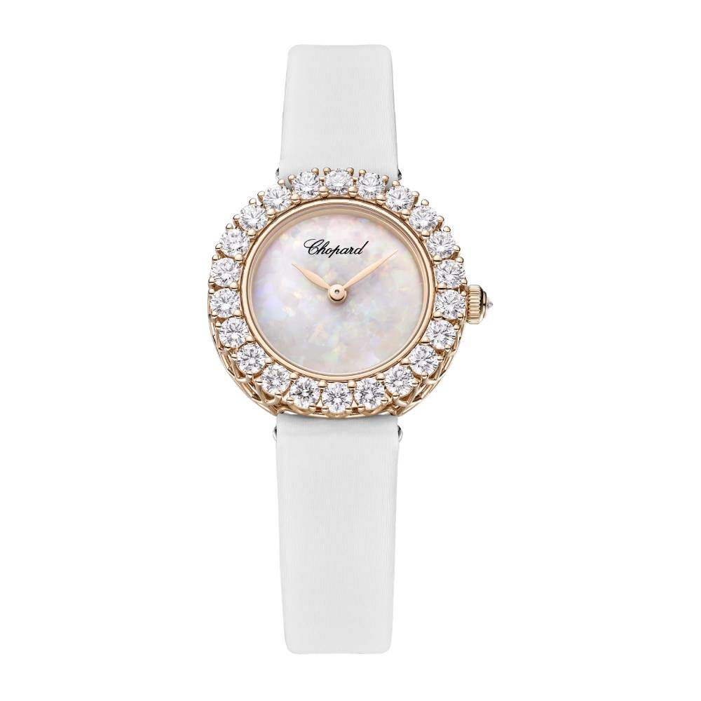 2025 Model Chopard L'Heure Du Diamant Round 26 mm Watch - Ref: 13A178-5317 - White Opal Dial in 18k Rose Gold Case, White Calfskin Strap