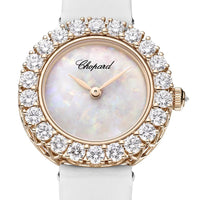 2025 Model Chopard L'Heure Du Diamant Round 26 mm Watch - Ref: 13A178-5317 - White Opal Dial in 18k Rose Gold Case, White Calfskin Strap