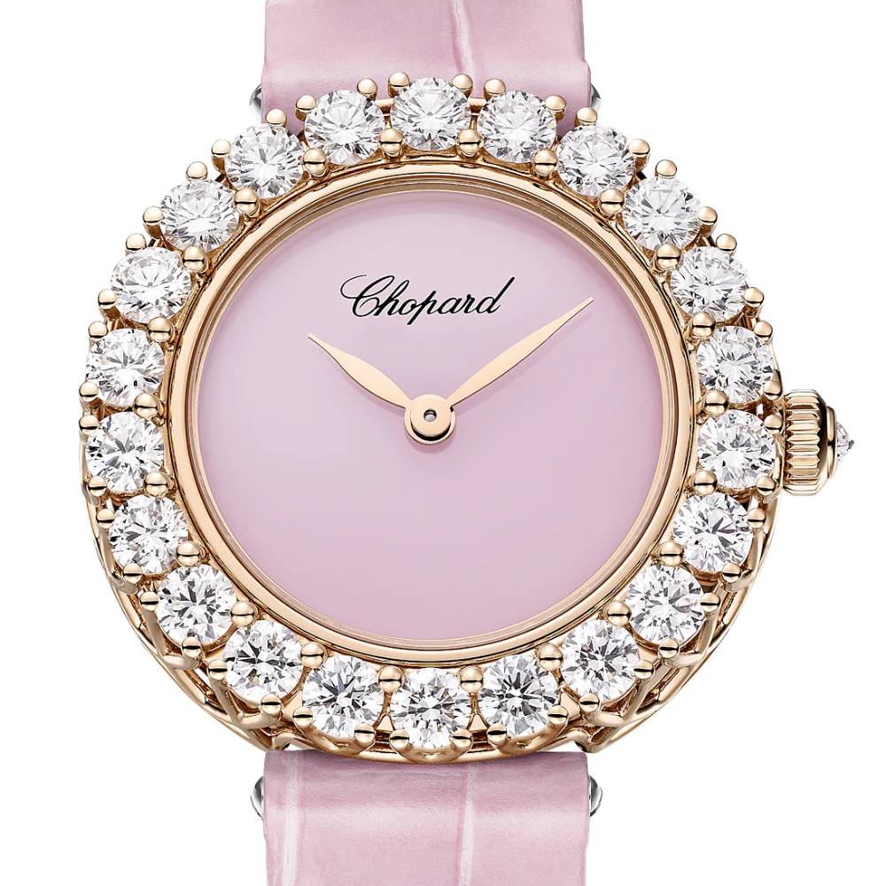2025 Model Chopard L'Heure Du Diamant Round 26 mm Watch - Ref: 13A178-5319 -  Pink Opal Dial in 18k Rose Gold Case, Pink Leather Strap