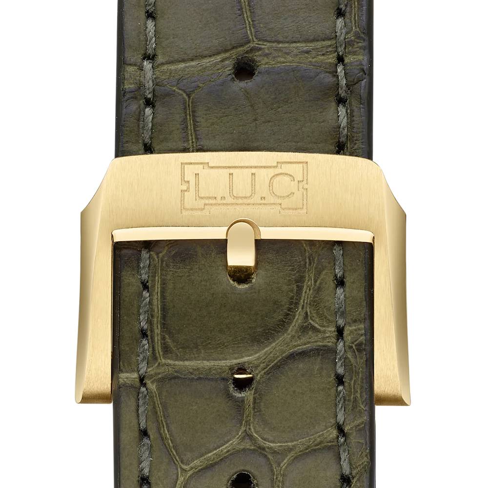 2025 Model Chopard L.U.C Full Strike Revelation 42mm Watch - Ref: 161947-0002 - Openworked Sapphire Dial in 18k Yellow Gold Case, Green Leather