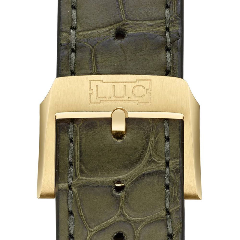 2025 Model Chopard L.U.C Full Strike Revelation 42mm Watch - Ref: 161947-0002 - Openworked Sapphire Dial in 18k Yellow Gold Case, Green Leather