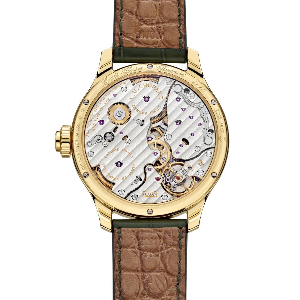 2025 Model Chopard L.U.C Full Strike Revelation 42mm Watch - Ref: 161947-0002 - Openworked Sapphire Dial in 18k Yellow Gold Case, Green Leather