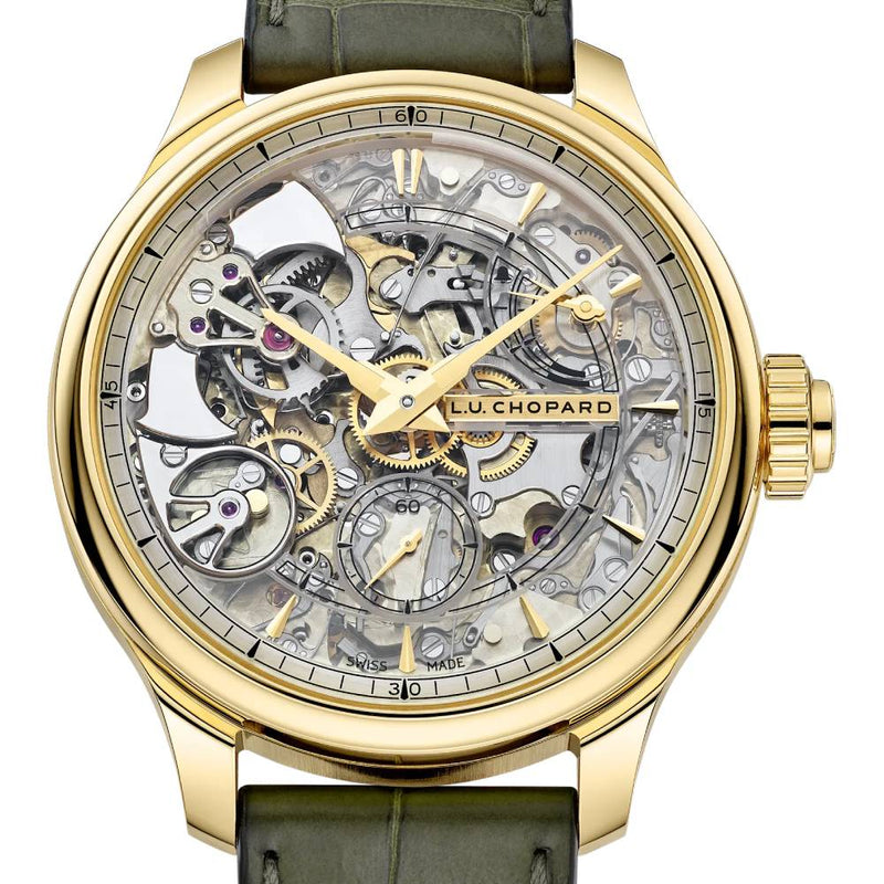 2025 Model Chopard L.U.C Full Strike Revelation 42mm Watch - Ref: 161947-0002 - Openworked Sapphire Dial in 18k Yellow Gold Case, Green Leather