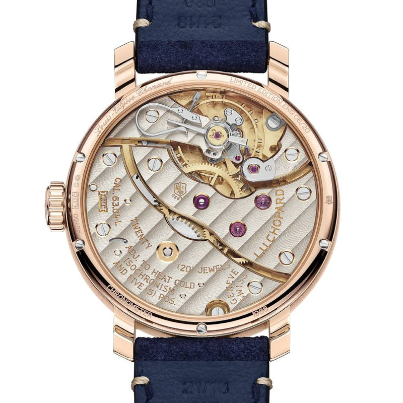 2025 Model Chopard L.U.C Heritage EHG Moon 122 44mm Watch - Ref: 161988-5001 - Blue Aventurine Dial in 18k Rose Gold Case, Blue Calfskin Strap