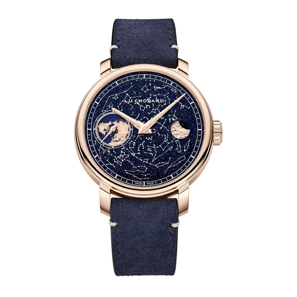 2025 Model Chopard L.U.C Heritage EHG Moon 122 44mm Watch - Ref: 161988-5001 - Blue Aventurine Dial in 18k Rose Gold Case, Blue Calfskin Strap
