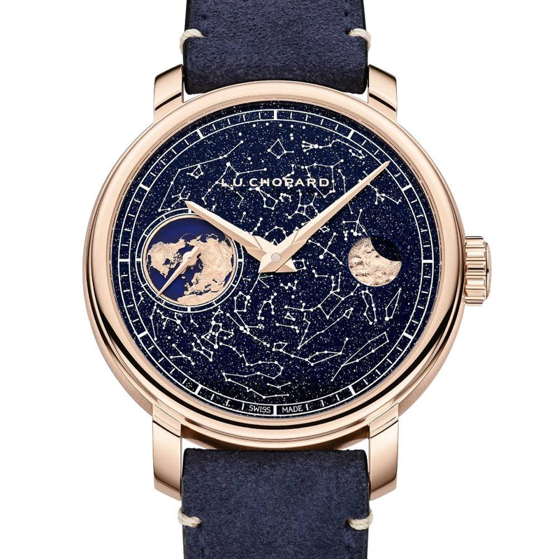 2025 Model Chopard L.U.C Heritage EHG Moon 122 44mm Watch - Ref: 161988-5001 - Blue Aventurine Dial in 18k Rose Gold Case, Blue Calfskin Strap