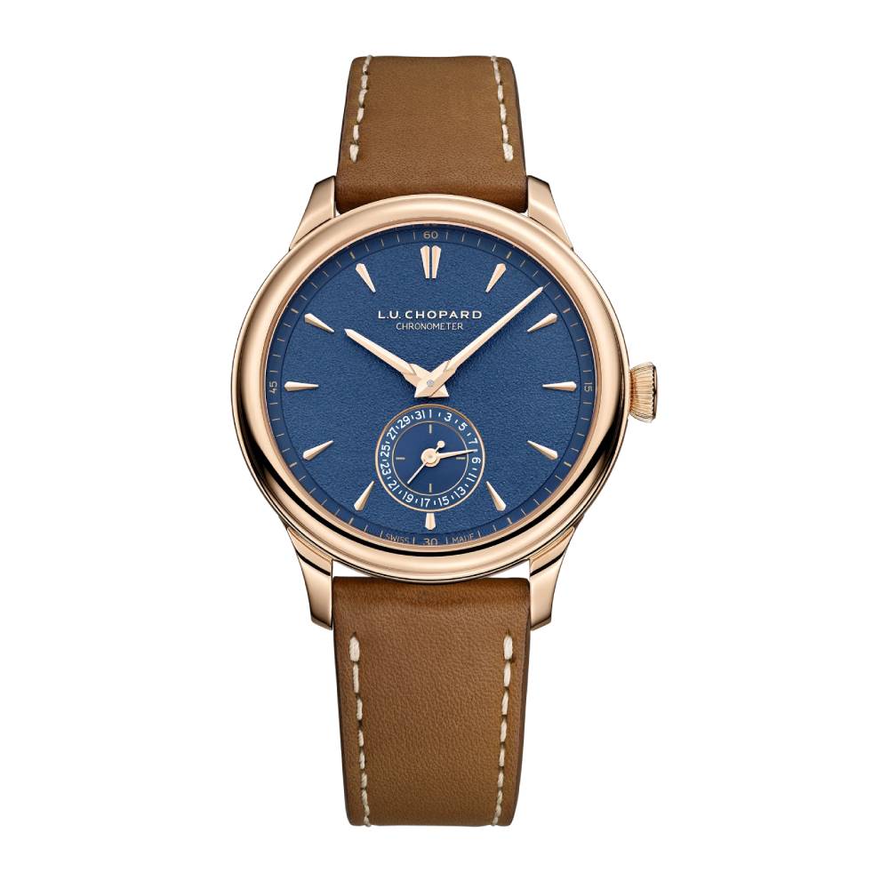 2025 Model Chopard L.U.C Quattro Mark IV 39 mm Watch - Ref: 161954-5001 - Blue Dial in  18k Rose Gold Case, Gray & Brown Leather Strap