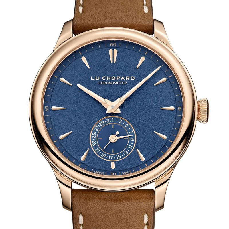 2025 Model Chopard L.U.C Quattro Mark IV 39 mm Watch - Ref: 161954-5001 - Blue Dial in  18k Rose Gold Case, Gray & Brown Leather Strap