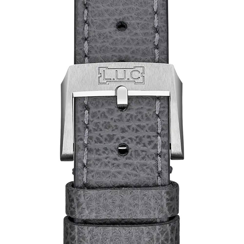 2025 Model Chopard LUC Quattro Mark IV Light 39mm Watch - Ref: 161954-9001 - Blue Index Dial in Platinum Case, Gray Leather