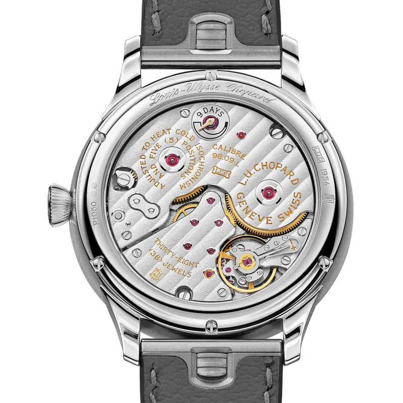 2025 Model Chopard LUC Quattro Mark IV Light 39mm Watch - Ref: 161954-9001 - Blue Index Dial in Platinum Case, Gray Leather