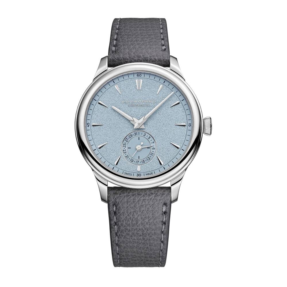 2025 Model Chopard LUC Quattro Mark IV Light 39mm Watch - Ref: 161954-9001 - Blue Index Dial in Platinum Case, Gray Leather
