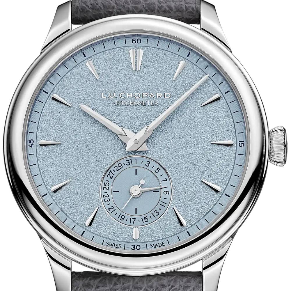 2025 Model Chopard LUC Quattro Mark IV Light 39mm Watch - Ref: 161954-9001 - Blue Index Dial in Platinum Case, Gray Leather
