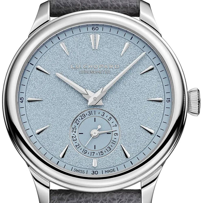 2025 Model Chopard LUC Quattro Mark IV Light 39mm Watch - Ref: 161954-9001 - Blue Index Dial in Platinum Case, Gray Leather