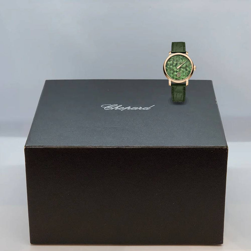 2025 Model Chopard L.U.C Quattro Spirit 25 Straw Marquetry Edition 39mm Watch - Ref: 161977-5009 - Green Dial in 18k Yellow Gold Case, Green Leather Strap