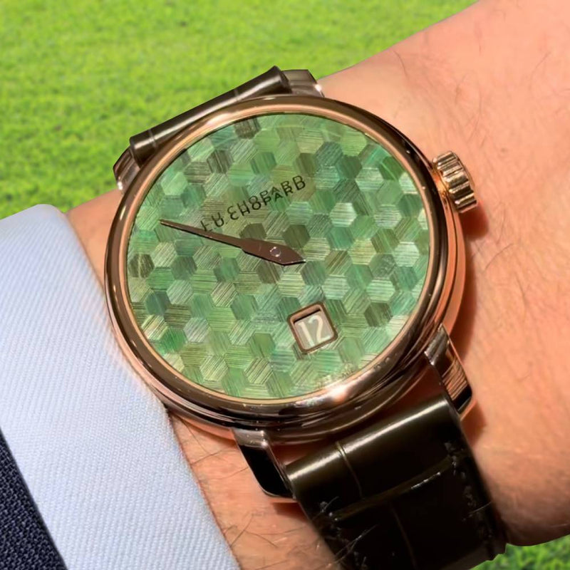 2025 Model Chopard L.U.C Quattro Spirit 25 Straw Marquetry Edition 39mm Watch - Ref: 161977-5009 - Green Dial in 18k Yellow Gold Case, Green Leather Strap