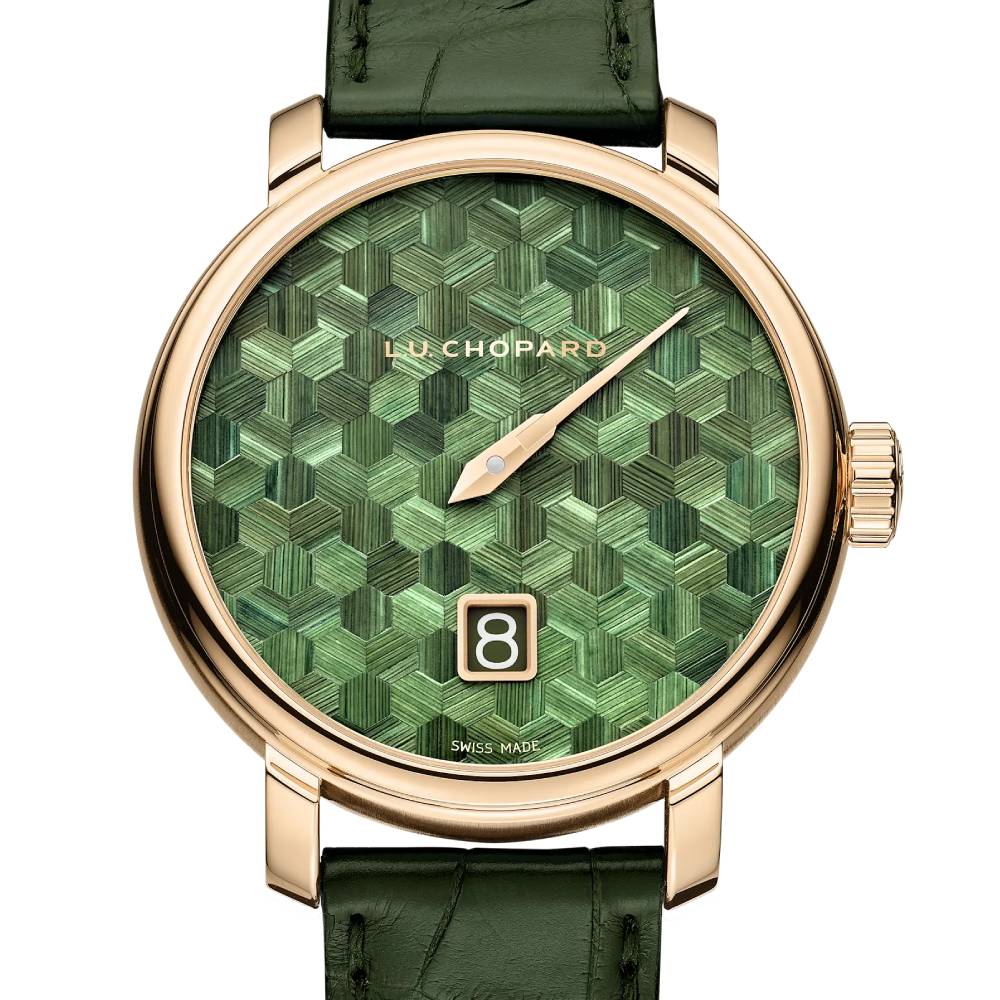2025 Model Chopard L.U.C Quattro Spirit 25 Straw Marquetry Edition 39mm Watch - Ref: 161977-5009 - Green Dial in 18k Yellow Gold Case, Green Leather Strap