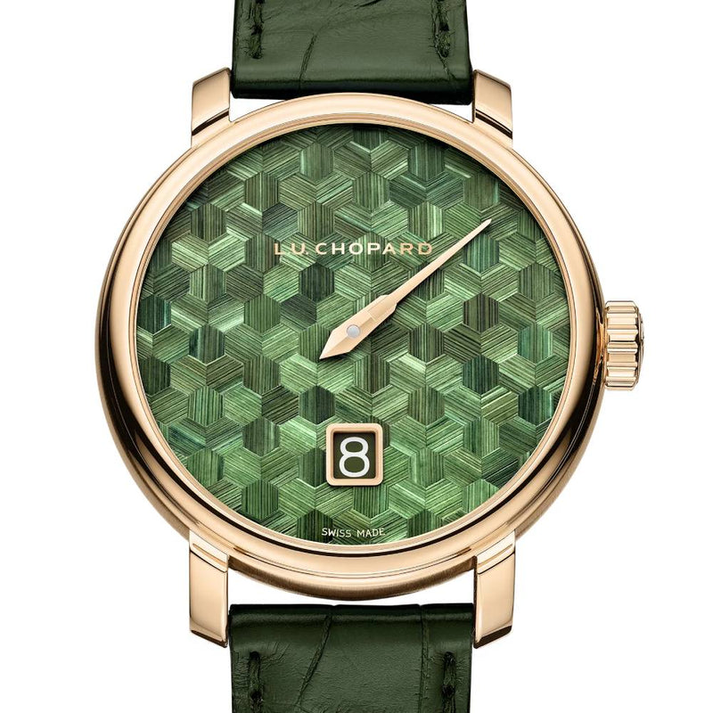2025 Model Chopard L.U.C Quattro Spirit 25 Straw Marquetry Edition 39mm Watch - Ref: 161977-5009 - Green Dial in 18k Yellow Gold Case, Green Leather Strap