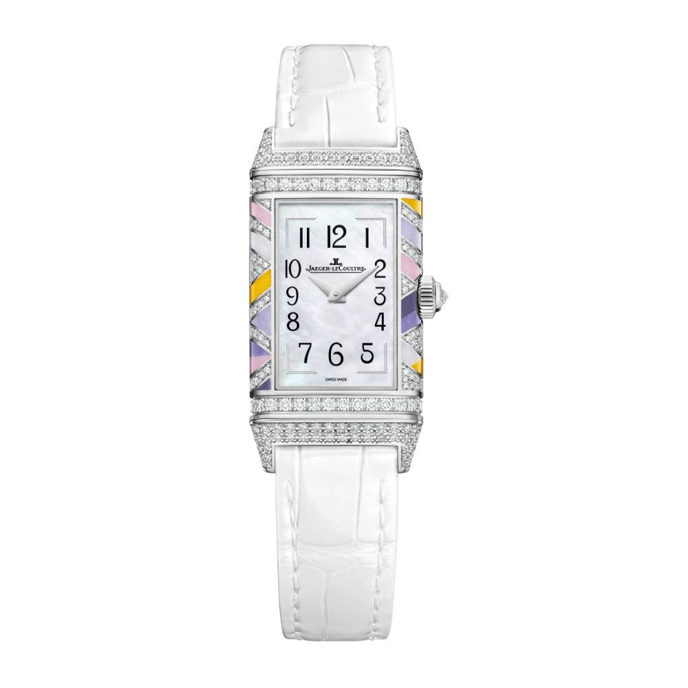 2025 Model Jaeger-LeCoultre Reverso One Precious Colours 40mm - Ref: Q3293433 White Mother-of-Pearl Dial in 18k White Gold Case, White Leather