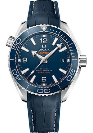 Omega Planet Ocean 600M Co-Axial Master Chronometer Watch - 39.5 mm Steel Case - Unidirectional Blue Cermaic Bezel - Black Dial - Blue Leather Strap - 215.33.40.20.03.001