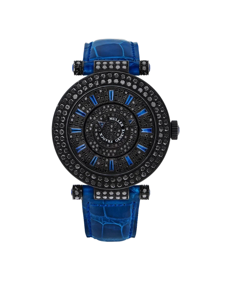 Franck Muller Ronde Double Mystery 18K White Gold PVD & Black Diamond & Sapphires Ladies Watch