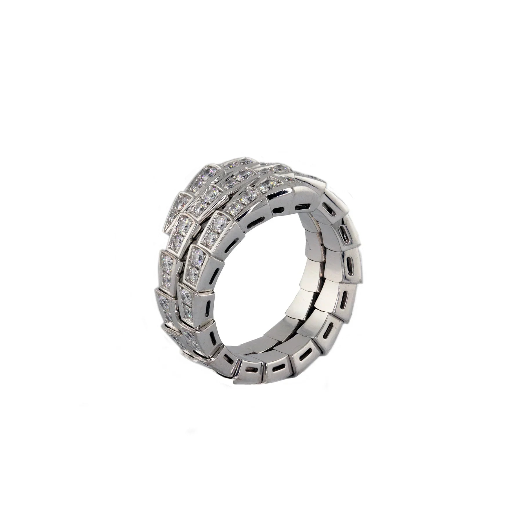 Bulgari 18K White Gold Serpenti Viper Two-Coil with Full Pave Diamonds Lady's Ring