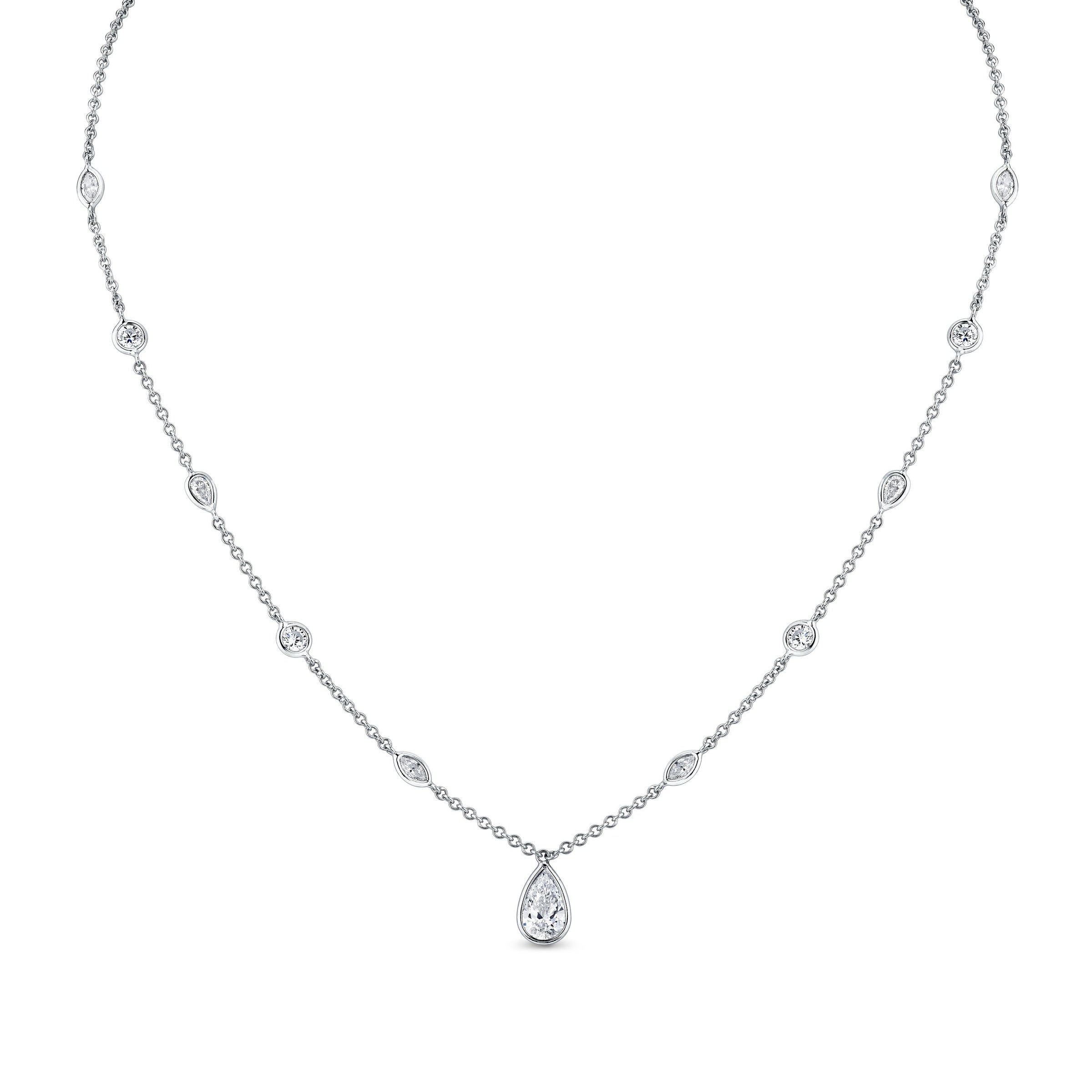 Station Necklace with Pear Shape Diamond Pendant