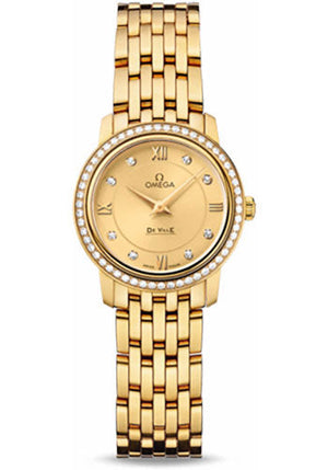 Omega De Ville Prestige Quartz Watch - 24.4 mm Yellow Gold Case - Diamond Bezel - Champagne Diamond Dial - 424.55.24.60.58.001