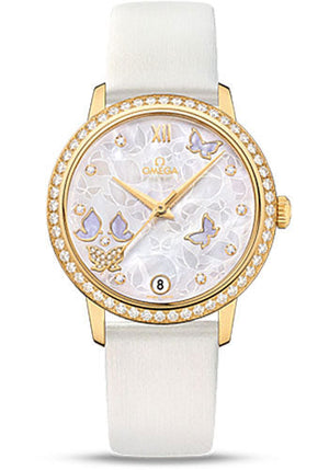 Omega De Ville Prestige Co-Axial Watch - 36.8 mm Yellow Gold Case - Diamond Bezel - Mother-Of-Pearl Diamond Dial - White Leather Strap - 424.57.33.20.55.003