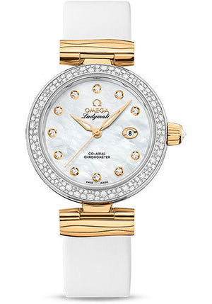 Omega De Ville Ladymatic Omega Co-Axial Watch - 34 mm Steel - Yellow Gold Case - Diamond Bezel - White Diamond Dial - White Leather Strap - 425.27.34.20.55.003