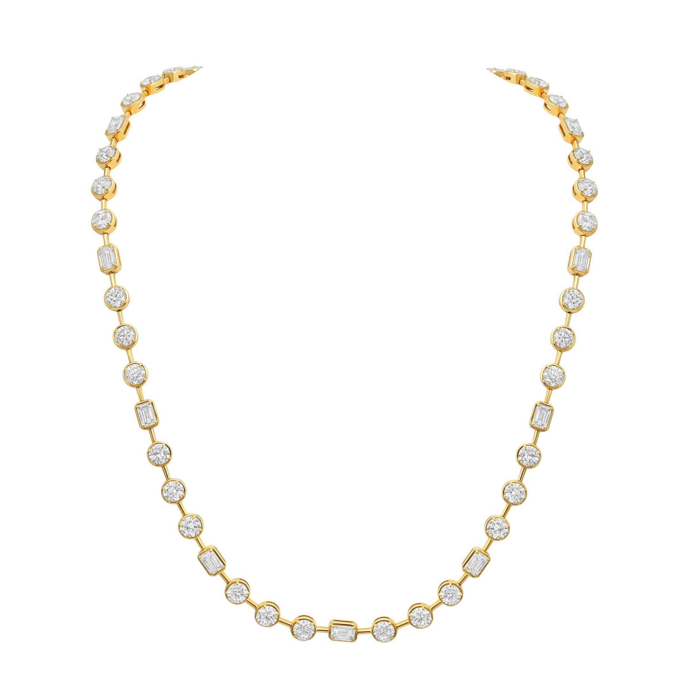 Bezel Set Emerald and Round Diamond Bar Necklace